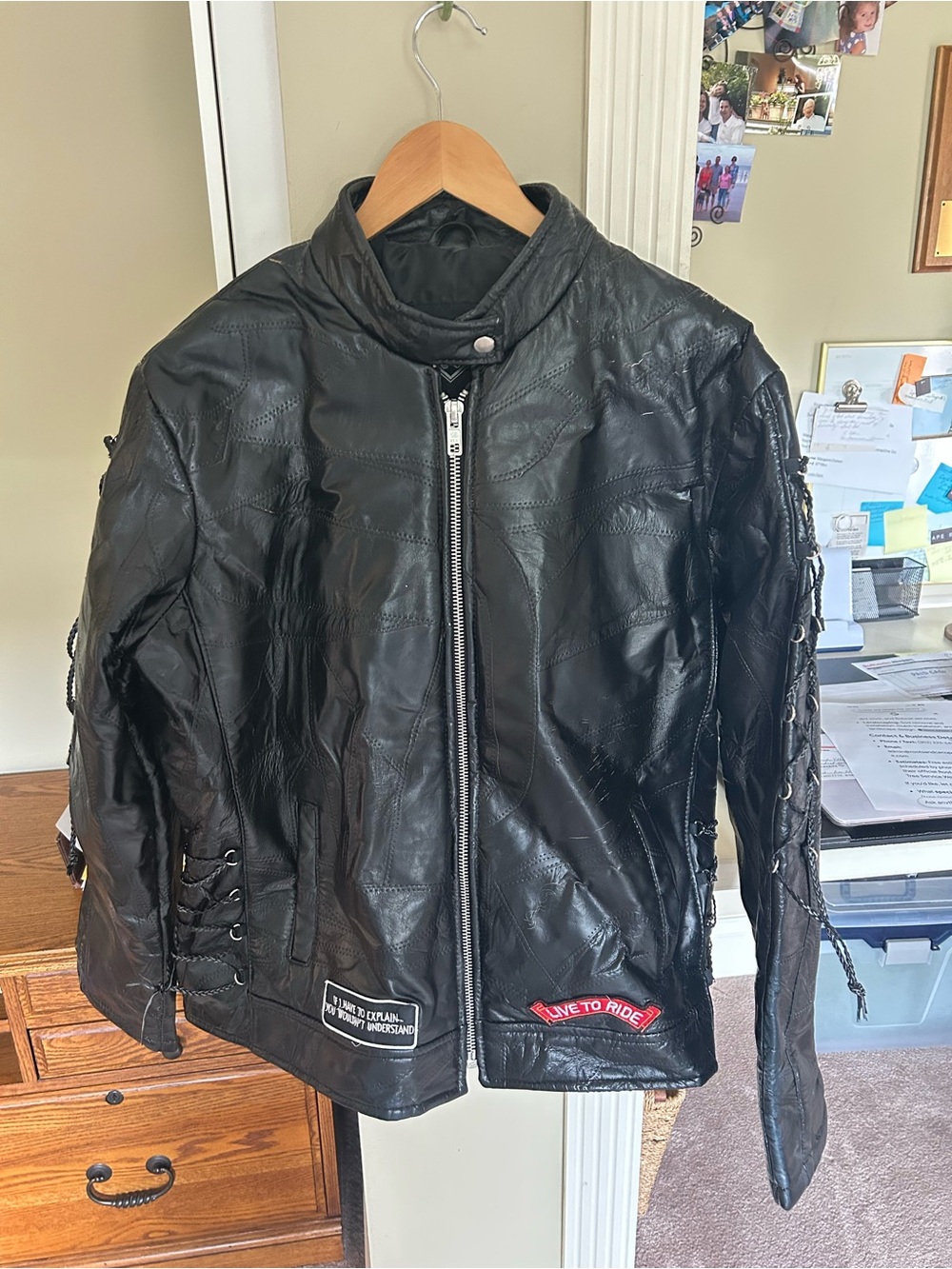 Black Lace-Up Leather Moto Jacket with 'Live to Ride' Patch size 2X